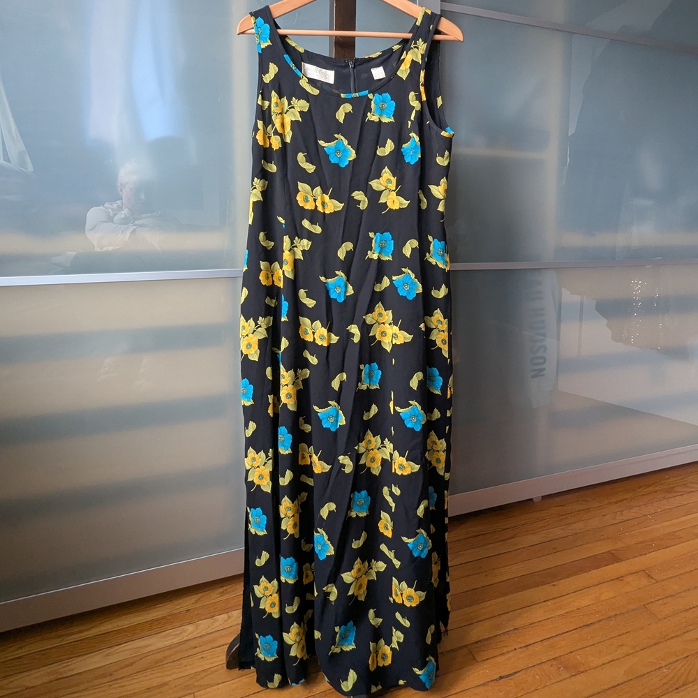 📼🐛Vintage 90s SILK Dana Buchman Sleeveless Floral Summer Maxi Dress - 12US